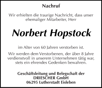 Traueranzeige von Norbert Hopstock von Mitteldeutsche Zeitung