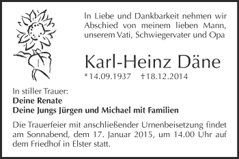 Traueranzeige von Karl-Heinz Däne von WVG - Wochenspiegel Wittenberg