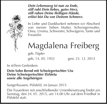 Traueranzeige von Magdalena Freiberg von Mitteldeutsche Zeitung Sangerhausen