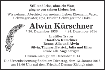 Traueranzeige von Alwin Kürschner von WVG - Wochenspiegel Dessau / Köthen