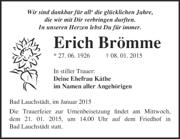 Traueranzeige von Erich -Brömme von WVG - Wochenspiegel Merseburg