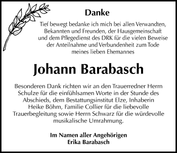 Traueranzeige von Johann Barabasch von Mitteldeutsche Zeitung Dessau-Roßlau