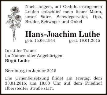 Traueranzeige von Hans-Joachim Luthe von Super Sonntag Bernburg