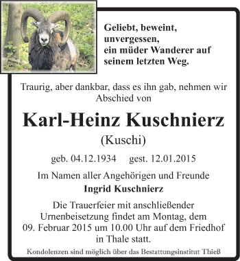 Traueranzeige von Karl-Heinz Kuschnierz von Mitteldeutsche Zeitung Quedlinburg