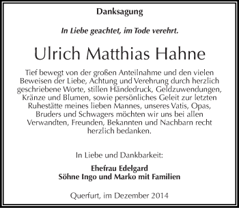 Traueranzeige von Ulrich Matthias Hahne von Mitteldeutsche Zeitung Merseburg/Querfurt