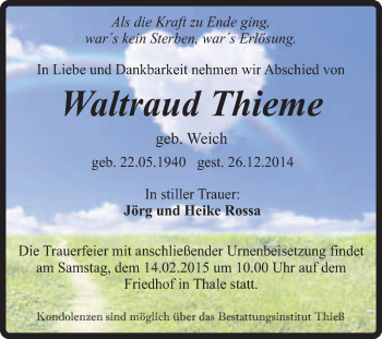 Traueranzeige von Waltraud Thieme von Super Sonntag Quedlinburg