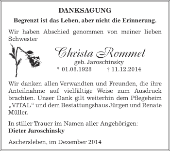 Traueranzeige von Christa Rommel von Super Sonntag Aschersleben