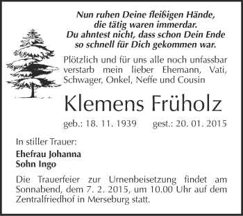 Traueranzeige von Klemens Früholz von WVG - Wochenspiegel Merseburg
