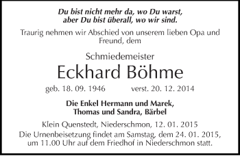 Traueranzeige von Eckhard Böhme von Mitteldeutsche Zeitung Merseburg/Querfurt