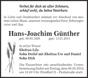 Traueranzeige von Hans-Joachim Günther von Super Sonntag Bernburg