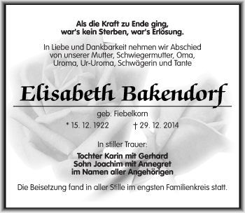 Traueranzeige von Elisabeth Bakendorf von Mitteldeutsche Zeitung Bernburg