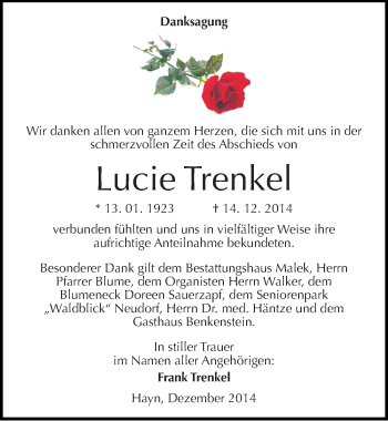 Traueranzeige von Lucie Trenkel von Mitteldeutsche Zeitung Sangerhausen