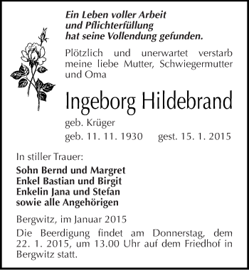 Traueranzeige von Ingeborg Hildebrand von Mitteldeutsche Zeitung Wittenberg