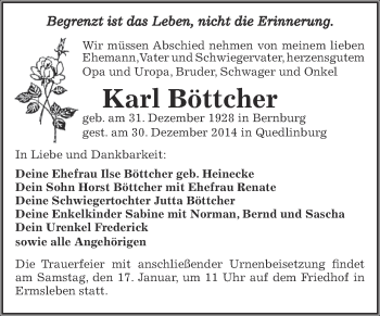 Traueranzeige von Karl Böttcher von WVG - Wochenspiegel Aschersleben