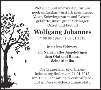 Traueranzeige von Wolfgang Johannes von WVG - Wochenspiegel Dessau / Köthen