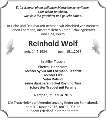 Traueranzeige von Reinhold Wolf von Super Sonntag Merseburg
