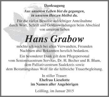 Traueranzeige von Hans Grabow von WVG - Wochenspiegel NMB / WSF / ZTZ