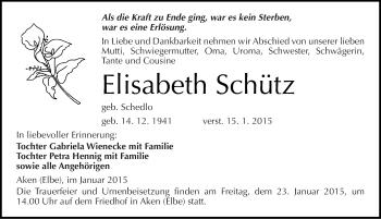 Traueranzeige von Elisabeth Schütz von Mitteldeutsche Zeitung Köthen