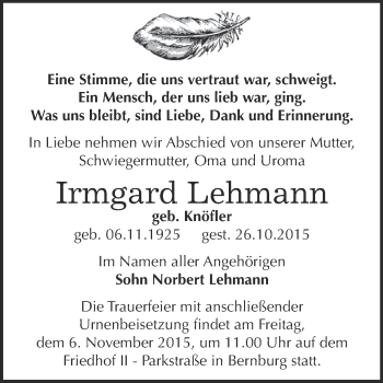 Traueranzeige von Lisa Eisfeld von Mitteldeutsche Zeitung Aschersleben