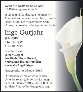 Traueranzeige von Roland Gyhra von Mitteldeutsche Zeitung Mansfelder Land