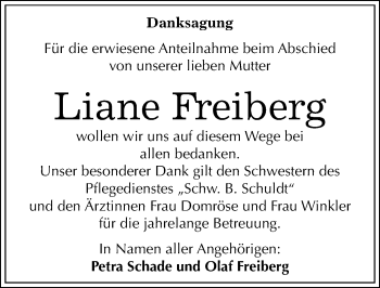 Traueranzeige von Liane Freiberg von Mitteldeutsche Zeitung Halle/Saalkreis