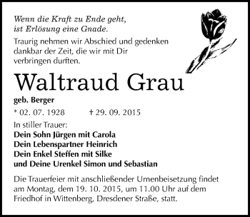 Traueranzeige von Waltraud Grau von Mitteldeutsche Zeitung Wittenberg