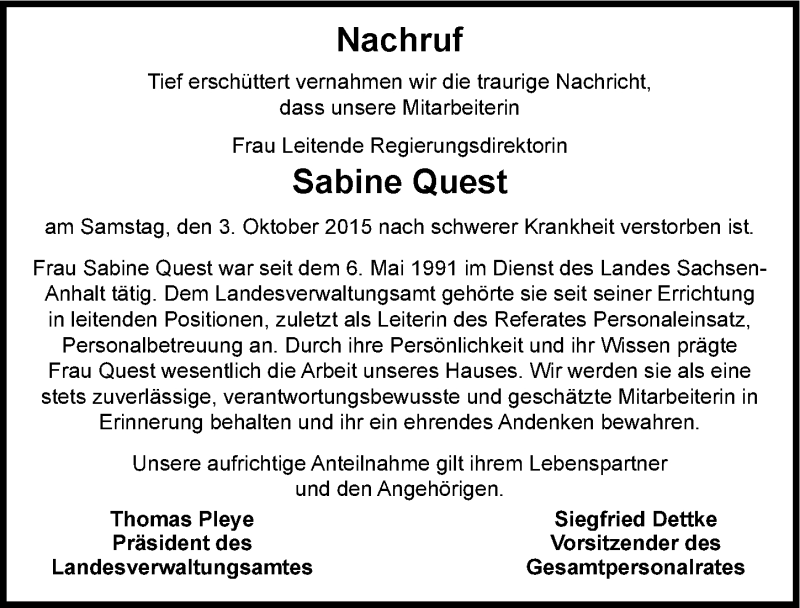  Traueranzeige für Sabine Quest vom 10.10.2015 aus Mitteldeutsche Zeitung