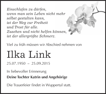 Traueranzeige von Ilka Link von Super Sonntag Quedlinburg