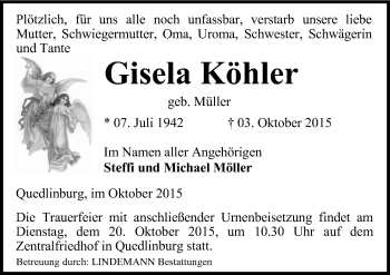 Traueranzeige von Gisela Köhler von Mitteldeutsche Zeitung Quedlinburg