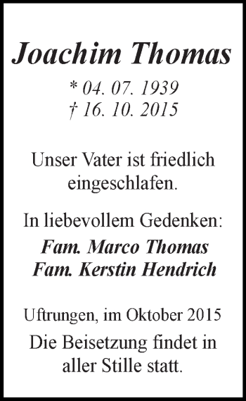 Traueranzeige von Joachim Thomas von WVG - Wochenspiegel SGH