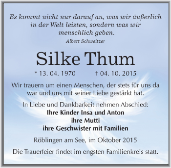 Traueranzeige von Silke Thum von Mitteldeutsche Zeitung Mansfelder Land