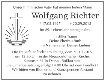 Traueranzeige von Wolfgang Richter von WVG - Wochenspiegel Dessau / Köthen
