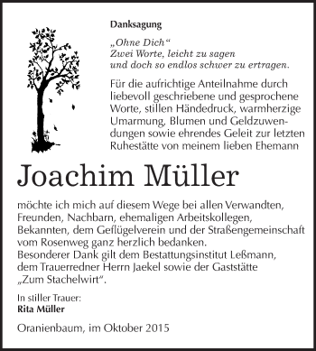 Traueranzeige von Joachim Müller von WVG - Wochenspiegel Wittenberg