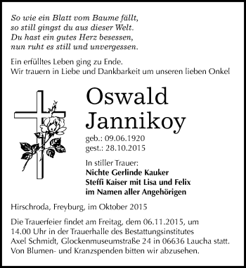 Traueranzeige von Oswald Jannikoy von Mitteldeutsche Zeitung Naumburg/Nebra