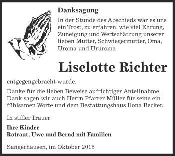 Traueranzeige von Lieselotte Richter von Super Sonntag SGH Mansf. Land