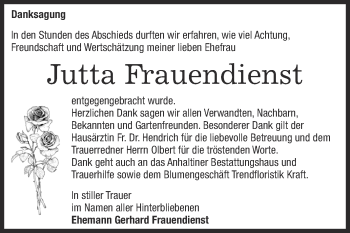 Traueranzeige von Jutta Frauendienst von WVG - Wochenspiegel Dessau / Köthen