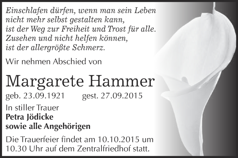  Traueranzeige für Margarete Hammer vom 03.10.2015 aus Super Sonntag Quedlinburg