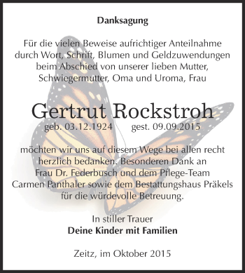 Traueranzeige von Gertrut Rockstroh von Super Sonntag Zeitz