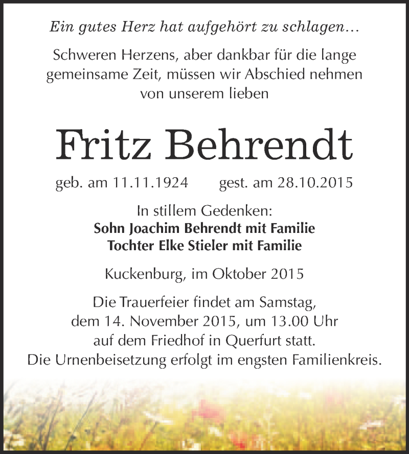  Traueranzeige für Fritz Behrendt vom 31.10.2015 aus Super Sonntag Merseburg