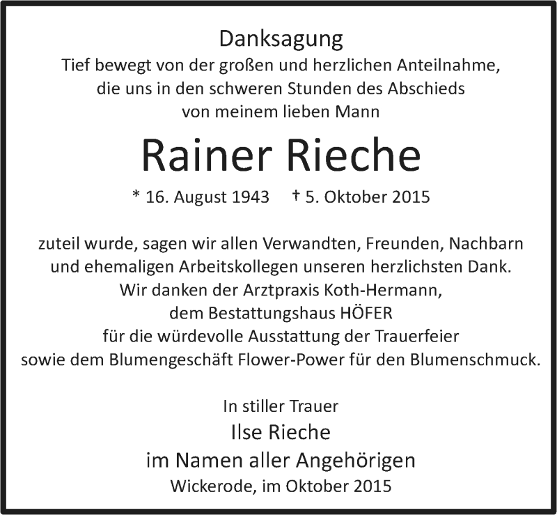  Traueranzeige für Rainer Rieche vom 24.10.2015 aus Mitteldeutsche Zeitung Sangerhausen