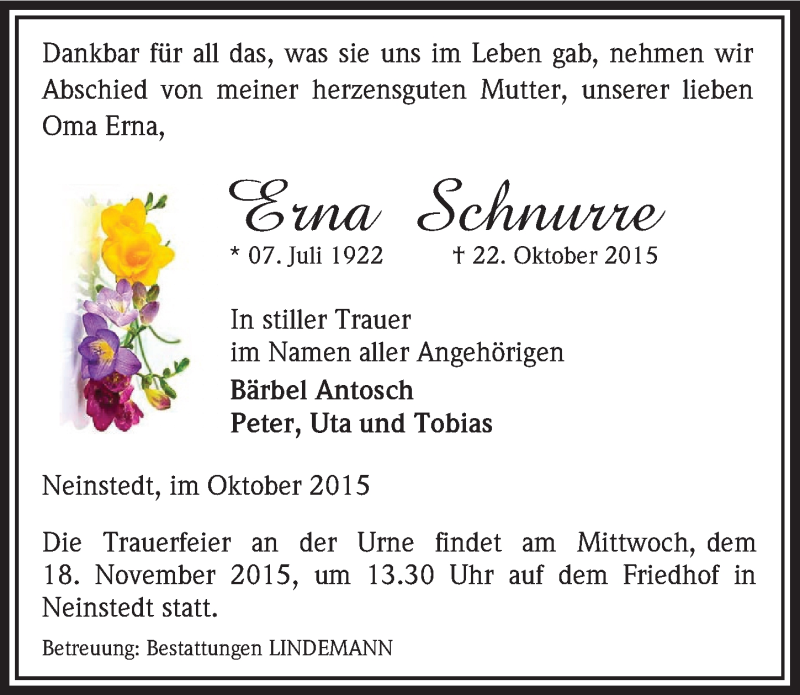  Traueranzeige für Erna Schnurre vom 30.10.2015 aus Mitteldeutsche Zeitung Quedlinburg