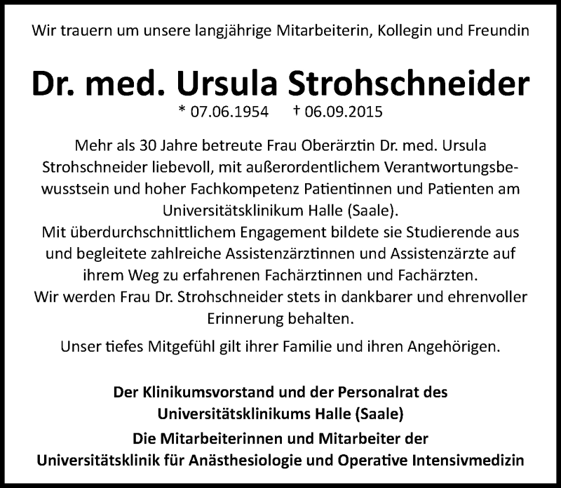  Traueranzeige für Ursula Strohschneider vom 10.10.2015 aus Mitteldeutsche Zeitung Naumburg/Nebra
