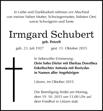 Traueranzeige von Irmgard Schubert von Mitteldeutsche Zeitung Weißenfels