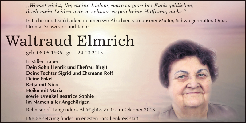  Traueranzeige für Waltraud Elmrich vom 30.10.2015 aus Mitteldeutsche Zeitung Zeitz