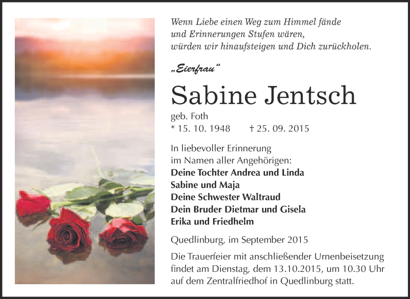  Traueranzeige für Sabine Jentsch vom 03.10.2015 aus WVG - Wochenspiegel Quedlinburg