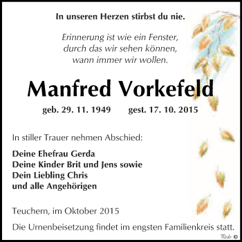 Traueranzeige von Manfred Vorkefeld von WVG - Wochenspiegel NMB / WSF / ZTZ