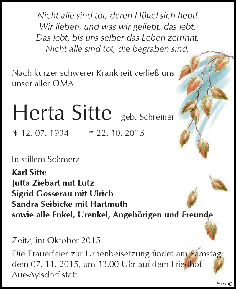  Traueranzeige für Herta Sitte vom 31.10.2015 aus Super Sonntag Zeitz