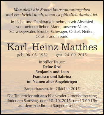 Traueranzeige von Karl-Heinz Matthes von Super Sonntag SGH Mansf. Land