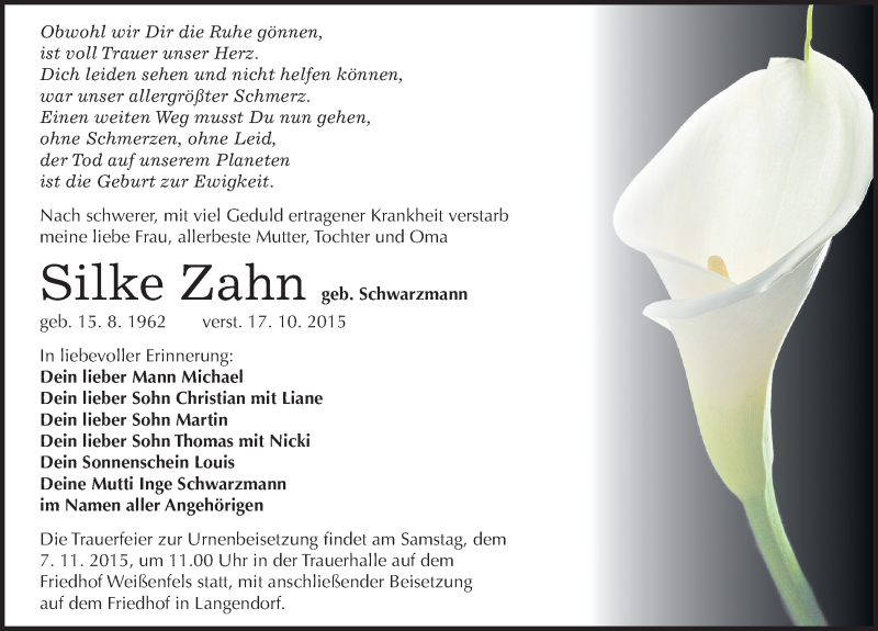  Traueranzeige für Silke Zahn vom 24.10.2015 aus Mitteldeutsche Zeitung Weißenfels