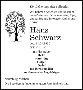 Traueranzeige von Hans Schwarz von Mitteldeutsche Zeitung Naumburg/Nebra